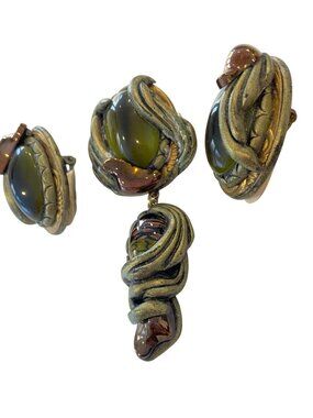 Vintage 90s Sculptural Green Cabochon Brooch & Clip Earrings Set artist 1990